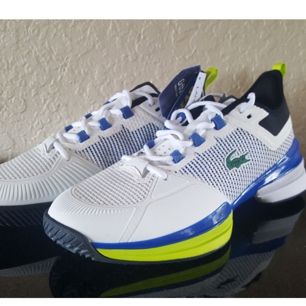 Lacoste White and Blue Sneakers with Green Accents - Picture 3 of 8
